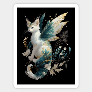 Majestic Cat Dragon Fairy Art - White and Teal with Gold Accents Magnet